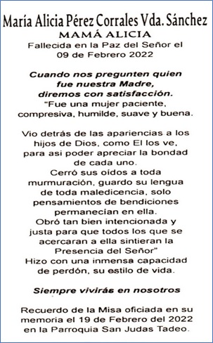 Esquela de Alicia Prez Corrales