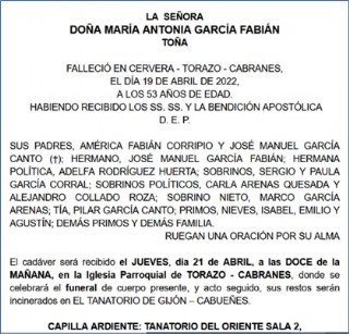 Esquela de Mara Antonia (Toa)