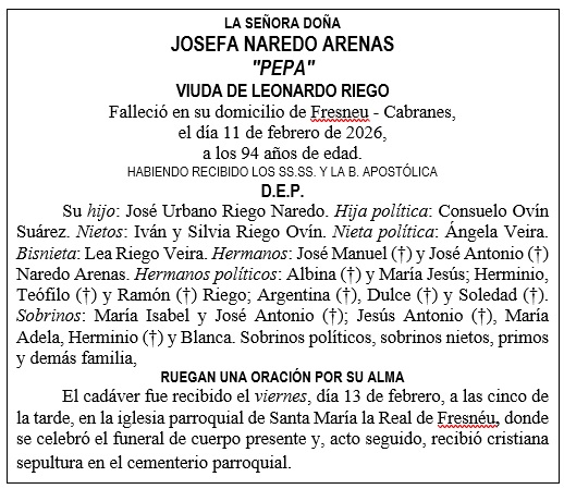 Esquela de Josefa Naredo Arenas