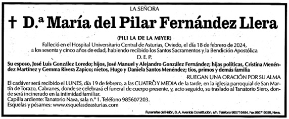 Esquela Pilar Fernndez Llera