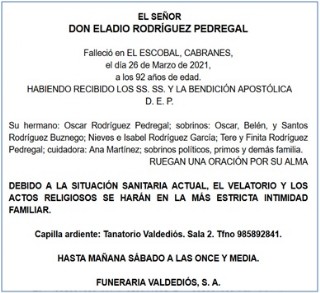 Esquela de Eladio Rodriguez Pedregal