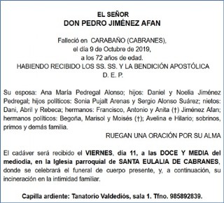 Esquela de Pedro Jimnez Afan