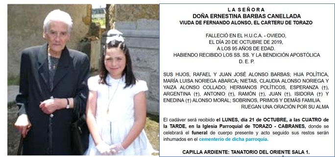 En la foto, con su nieta Yaiza, en la Primera Comunin de sta, en 2010. Y esquela de la fallecida