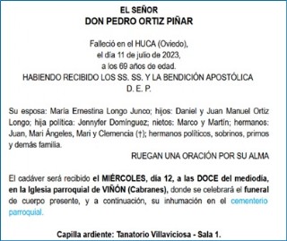 Esquela de Don Pedro Ortiz Piar