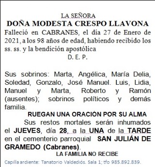 Esquela de Modesta Crespo