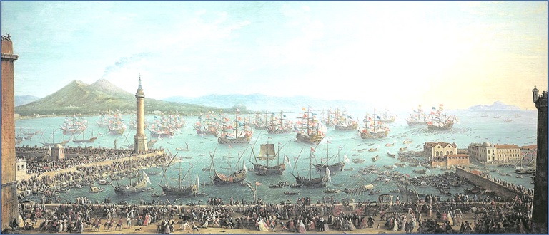 Cuadro de 1759, obra de Antonio Joli, titulado Partida de Carlos de Borbn a Espaa, vista desde la drsena. Est en el Museo Nacional del Prado.