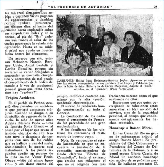 Pgina de El Progreso de Asturias, en la que se da cuenta del enlace entre Justo Rodrguez y Amrica Joglar. Aparecen en la foto los novios  acompaados de sus padrinos , durante el lunch ofrecido en El Furacu. / Archivo EL ECO