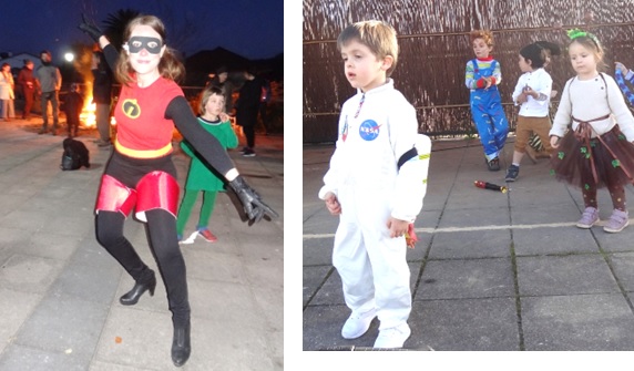 A la derecha, Mel (de astronauta); y al fondo -a la izquierda-, la hoguera que prepar la organizacin para combatir el fro, con Daniela Noriega, toda una supermn, en primer trmino.