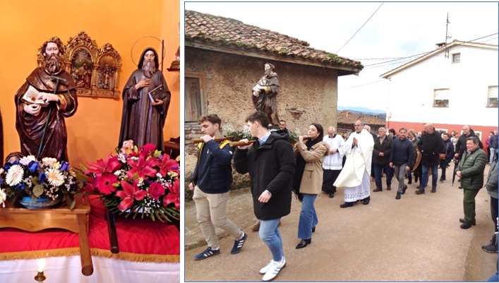 A la izquierda, las imágenes de San Antón de Los Villares y Pruneda; y a la derecha, procesión de este año en Los Villares, con la primera de las citadas