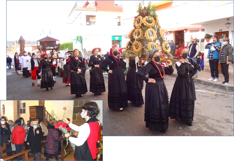 Momento de la procesin, en la calle Jess Arango; y del obsequio de claveles, en la iglesia.