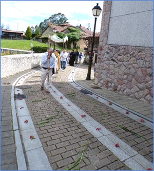 Espada�as y claveles (a �stos contribuy� la familia Cobi�n Fern�ndez) adornaron partes del recorrido procesional, como en este tramo de la calle Mar�a Josefa Canellada.