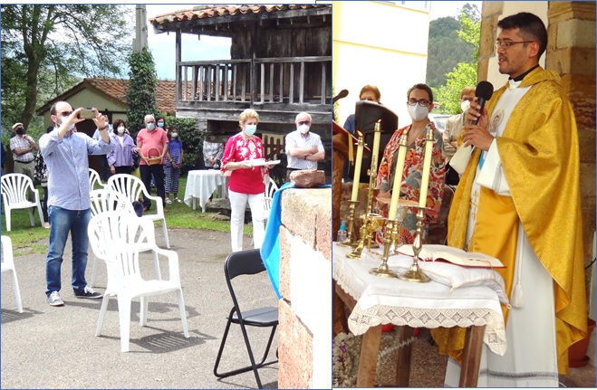 Ana Mara Riestra llevando la ofrenda de vacunas al sacerdote oficiante, Patricio Talavera./ EL ECO