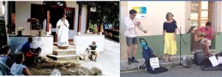 Jon, a la derecha, con su perro, haciendo compaa a rika (a la izquierda). Abajo, tocando con Laura Fuertes, en el mercado de Santa Eulalia.