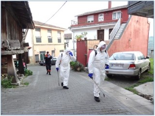 Equipo de Proteccin civil llevando a cabo la desinfeccin de los espacios pblicos de Santa Eulalia