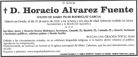 Esquela de D. Horacio Alvarez Fuente