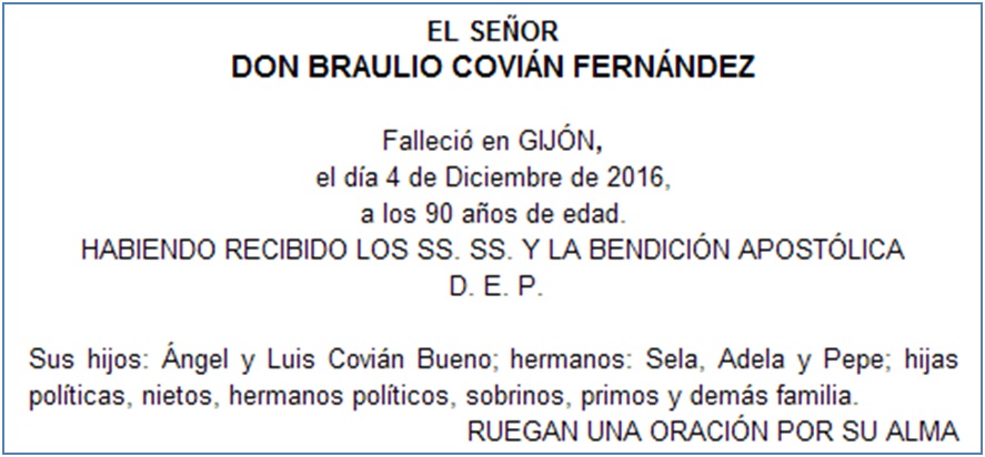 Esquela de Braulio Covin Fernndez