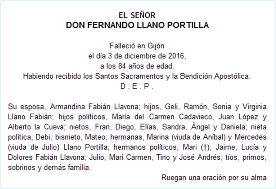 Esquela de Fernando Llano Portilla