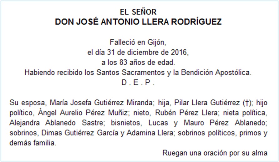 Esquela Jose Antonio Llera Rodrguez