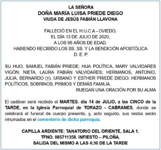 Esquela de Maria Luisa Priede
