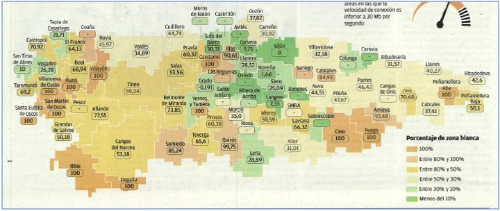 Mapa del nivel de conexin a internet en Asturias. Fuente la Nueva Espaa
