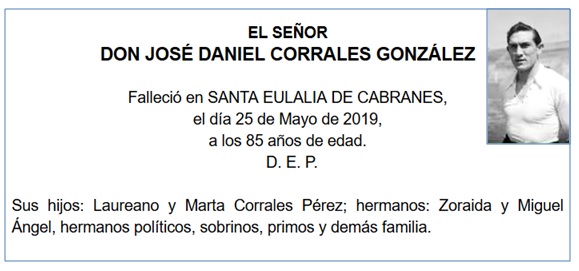 Esquela de Jose Daniel Corrales Gonzalez