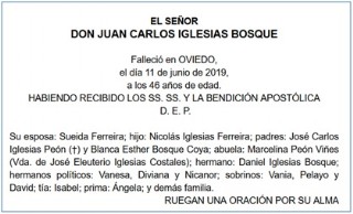 Esquela de Don Juan Carlos Iglesias Bosque