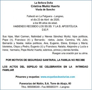 Esquela de Cristina Snchez Muiz