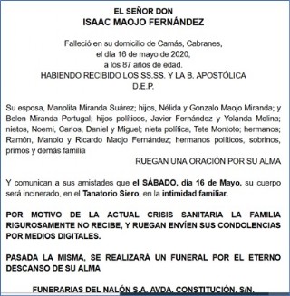 Esquela de Isaac Maojo Fernndez