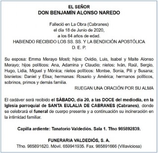 Esquela de Benjamn Alonso Naredo