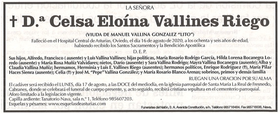 Esquela de Celsa Eloina Vallines Riego