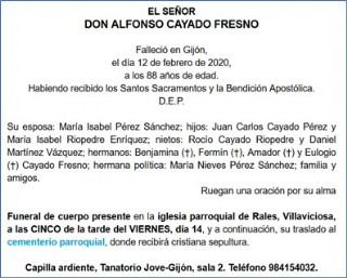 Esquela de Don Alfonso Cayado Fresno