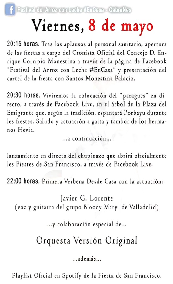 Programa de los actos del Viernes 8 de mayo Festival del Arroz con Leche y Fiestas de San Francisco de Paula
