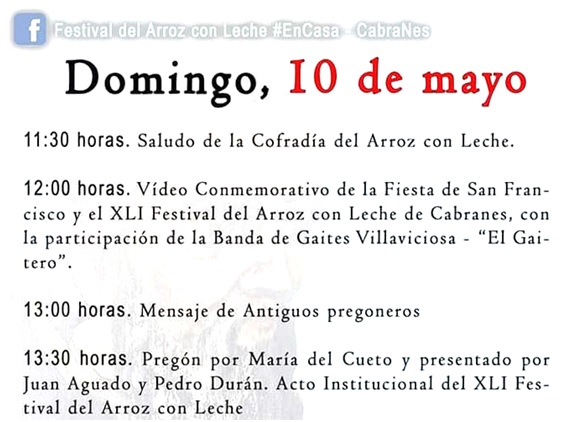 Programa de los actos del domingo 10 de mayo Festival del Arroz con Leche y Fiestas de San Francisco de Paula