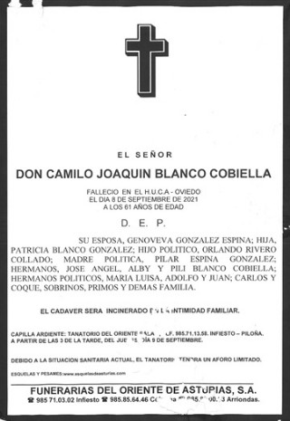 Esquela de Camilo Joaquín Blanco Coviella