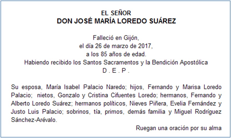 Esquela de José María Loredo Suárez