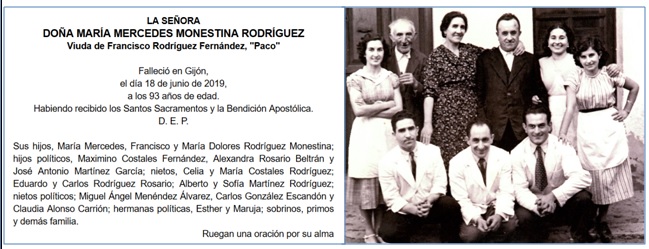 Esquela de Maria Mercedes y Foto de esta página: Celita, José Rodríguez del Oro ´el rey´, su hija Suceso, Santos, María Mercedes y Candita. Agachados: Valeriano, Manolo y Santos.