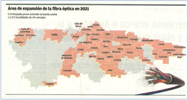 Mapa publicado el 7 de enero por el diario La Nueva España en el que se destacan los Concejos con expansión de fibra óptica este año