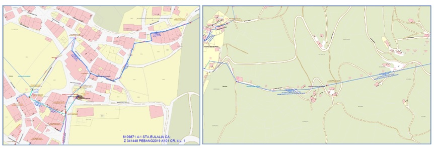Línea azul que seguirá el cableado, partiendo de Santa Eulalia en dirección Villanueva y Bospolín. / Planos facilitados por Movistar