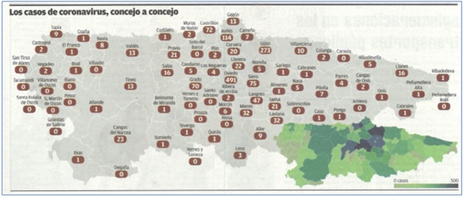 Mapa de Asturias con los casos de coronavirus confirmados por concejos