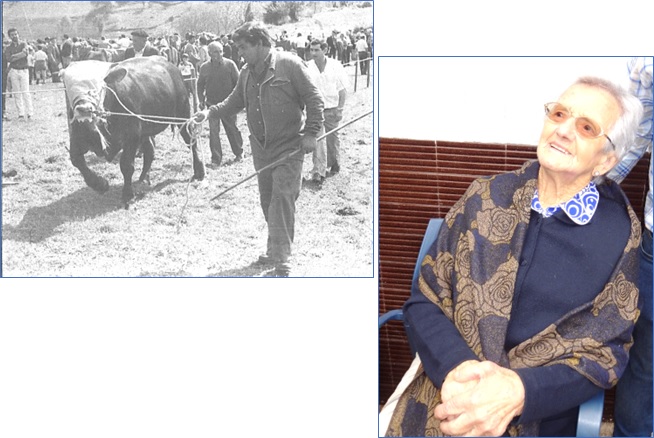 Sobre estas líneas, Manuel Préstamo, detrás del toro rubio de 13 meses que vendió por 200.000 pesetas en la feria de Cenvís de 1987. A la derecha, Amparo Corrales, el pasado 25 de junio. | Archivo EL ECO