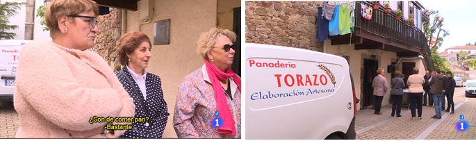 Dos fotogramas de la emisión en la 1, de TVE. A la izquierda, Pilar Sal, Mari Carmen Casquero y Nati Naredo; y a la derecha, mini-espicha tras la grabación, delante de la Panadería.
