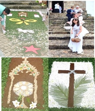Imagenes de las alfombras y procesión con los niños de la Primera Comunión