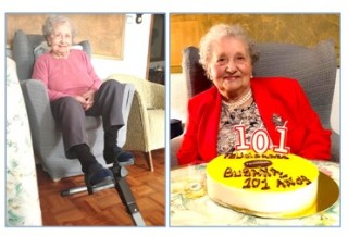 Fotografias de Susana Molinero pedaleando en su casa y con su tarta de 101 cumpleaños