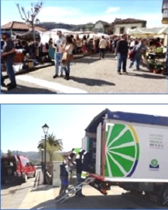 Vista del mercado y del camión de punto limpio