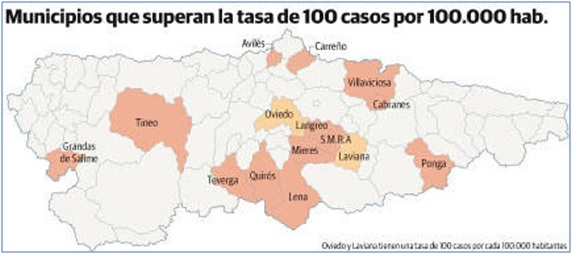 Mapa con los municipios que superan la tasa de 100 casos por 100.000 habitantes