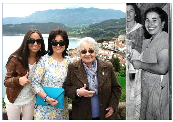 Con su hija, Loli y su nieta Sofia, en Lastres. A la derecha, de joven