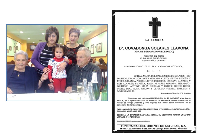 Imagen de Covadonga junto a su familia y imagen de la esquela de su fallecimiento