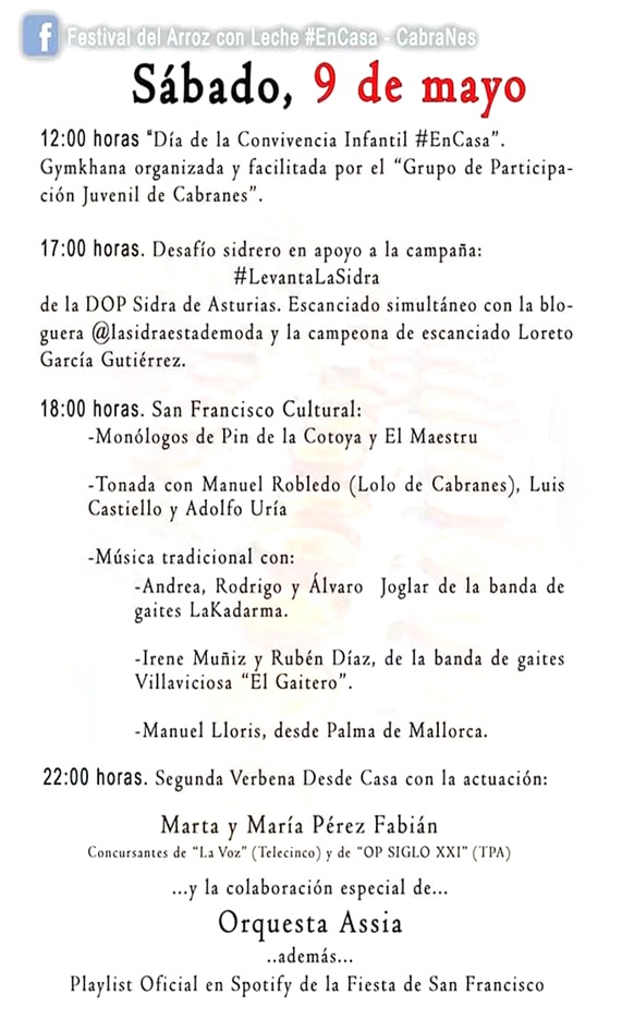 Programa de los actos del sábado 9 de mayo Festival del Arroz con Leche y Fiestas de San Francisco de Paula